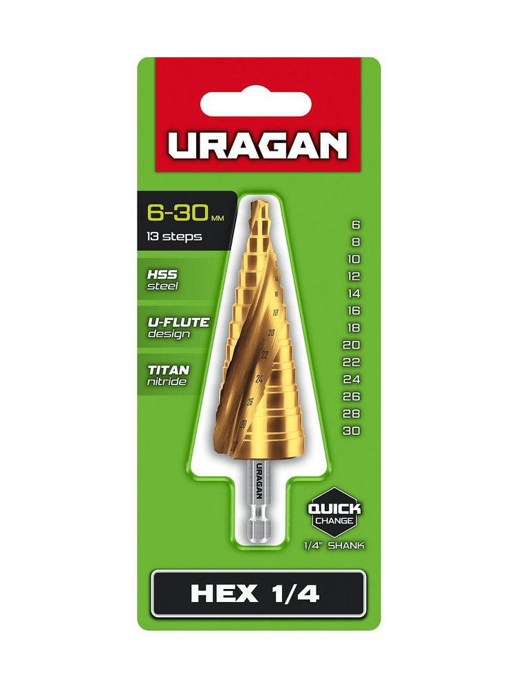 Сверло ступенчатое винтовая спираль URAGAN 6-30мм 13 ступеней 29658-6-30-13  
