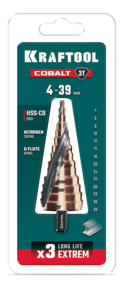 Сверло ступенчатое COBALT, 4–39 мм, 14 ступеней, азотирование, винтовая спираль KRAFTOOL 29691-4-39-14