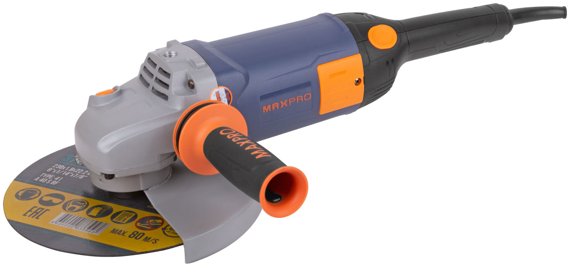 Шлифмашина угловая, 2400 Вт, 6000 об/мин, защитный кожух 230 мм, антивибрационная ручка, дополнительные щетки, плавный пуск, поворотная рукоятк, MAX-PRO, 85154