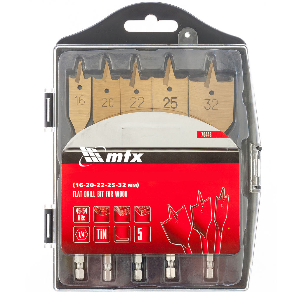 Набор сверл перовых по дереву, 16-20-22-25-32 мм, 5 шт, пластиковый кейс, Matrix (70443)