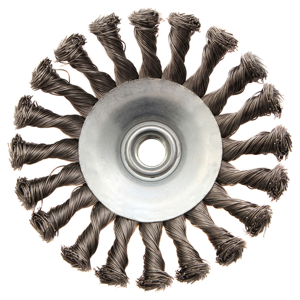 Щетка для УШМ, 125 мм, Тарелка, крученая нержавеющая проволока 0.5 мм, М14 Denzel (746113)