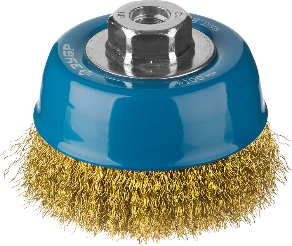 Щетка-крацовка чашечная для УШМ 100 мм, витая стальная латунированная проволока 0.3 мм ЗУБР Профессионал 3526-100_z02