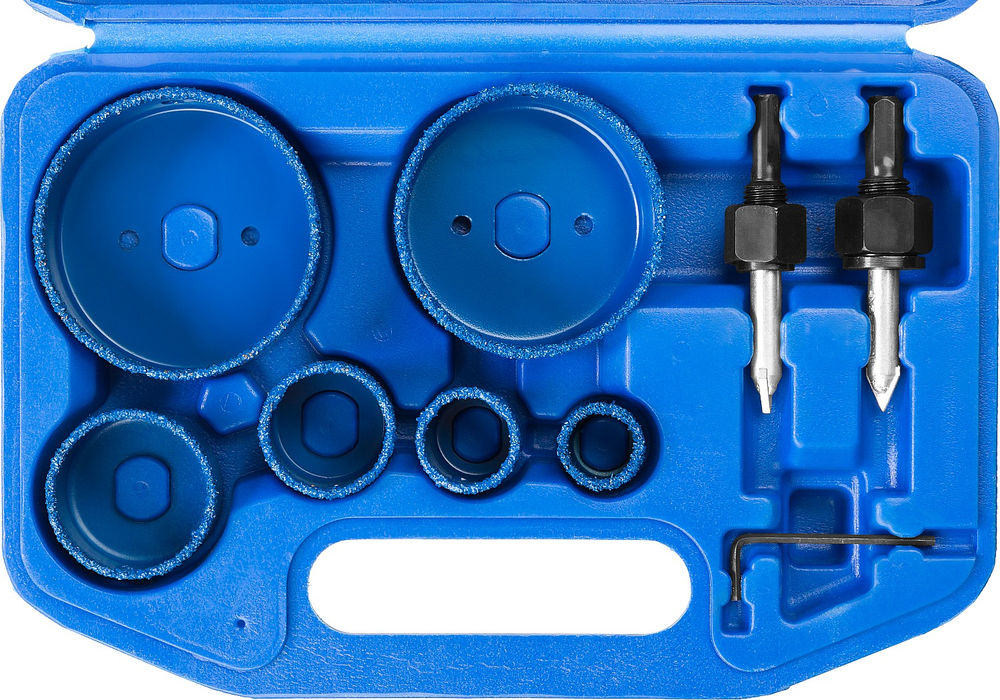 Набор коронок-чашек с оснасткой 6 шт, d 22, 28, 35, 44, 68, 73 мм, L 25 мм, карбид вольфрама ЗУБР Профессионал 33360-H6_z01