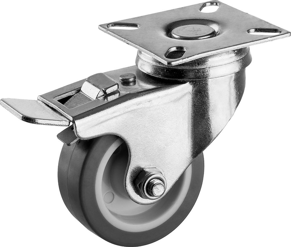 Колесо термопластичное поворотное с тормозом d 50 мм, г/п 40 кг, резина/полипропилен ЗУБР Профессионал 30946-50-B