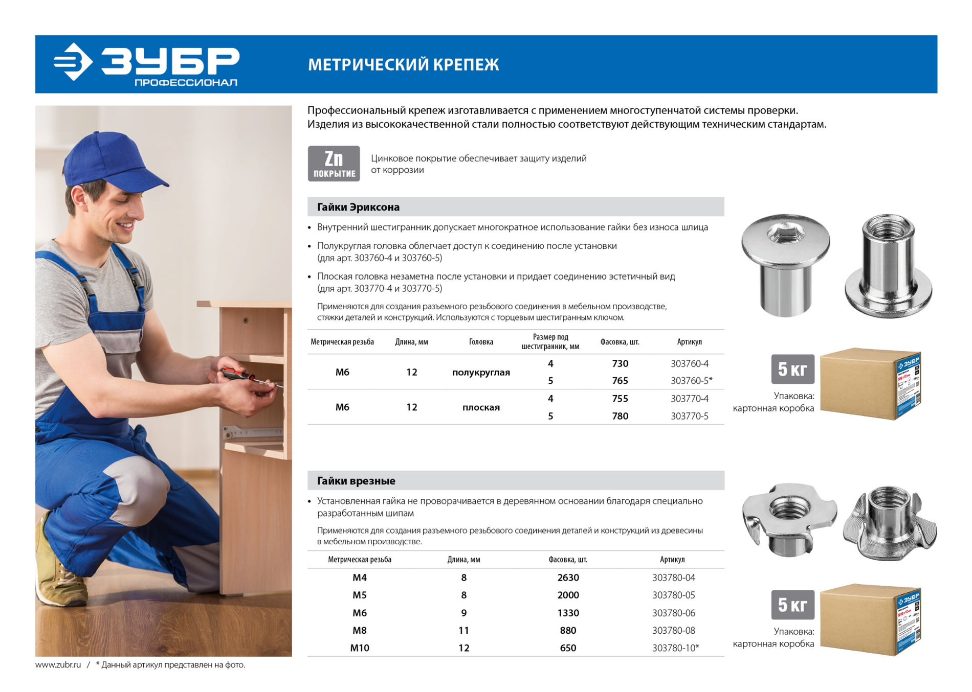 ЗУБР DIN 1624, M6 x 9 мм, цинк, 5 кг, врезная гайка (303780-06)