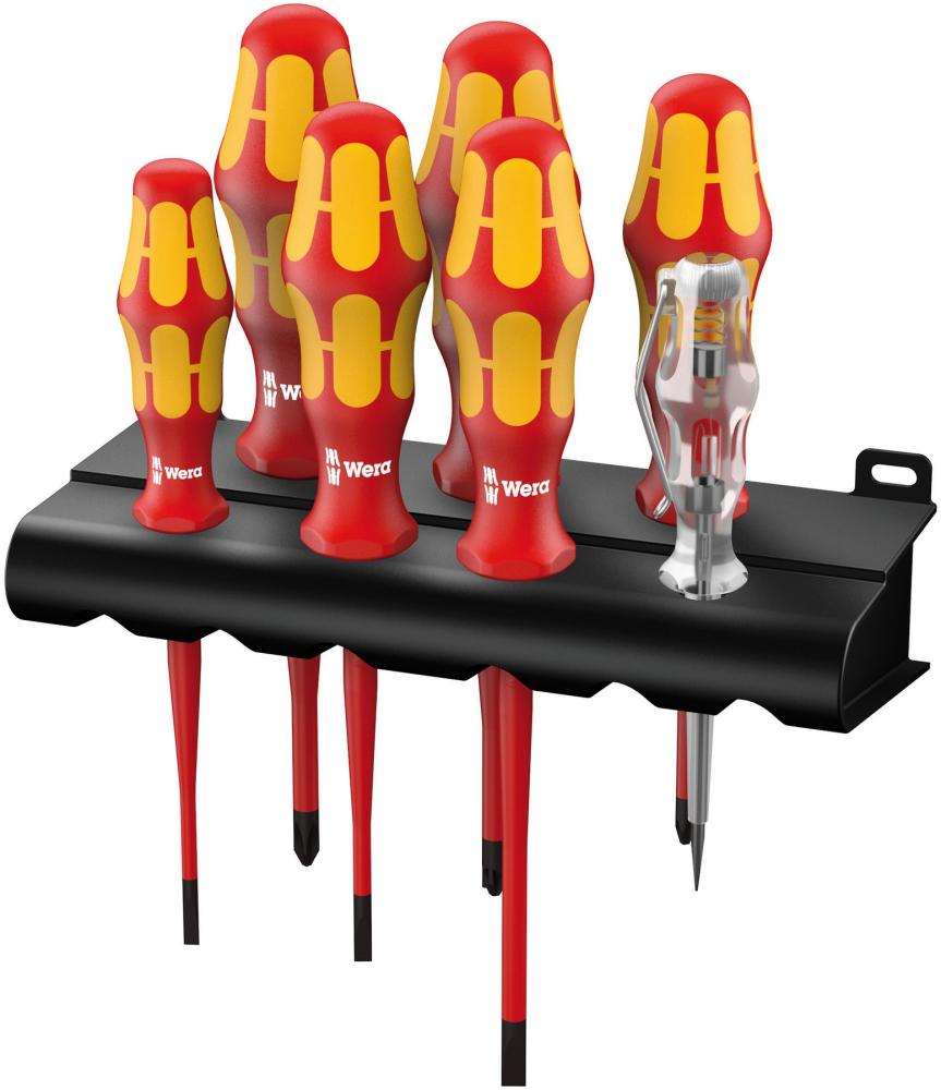 Набор диэлектрических отвёрток 7 пр. с узким концом пробник подставка PH 1/2 PZ/S 2 SL 3.5/4.0/5.5 Rack VDE серия 160 iS/7 Wera WE-006480
