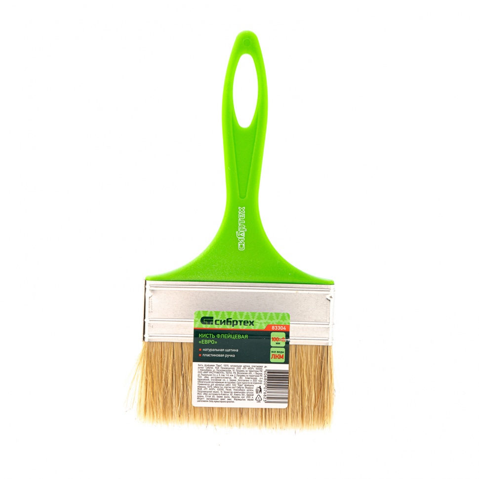Кисть флейцевая Евро, 100 x 8, натуральная щетина, пластиковая ручка Сибртех (83304)