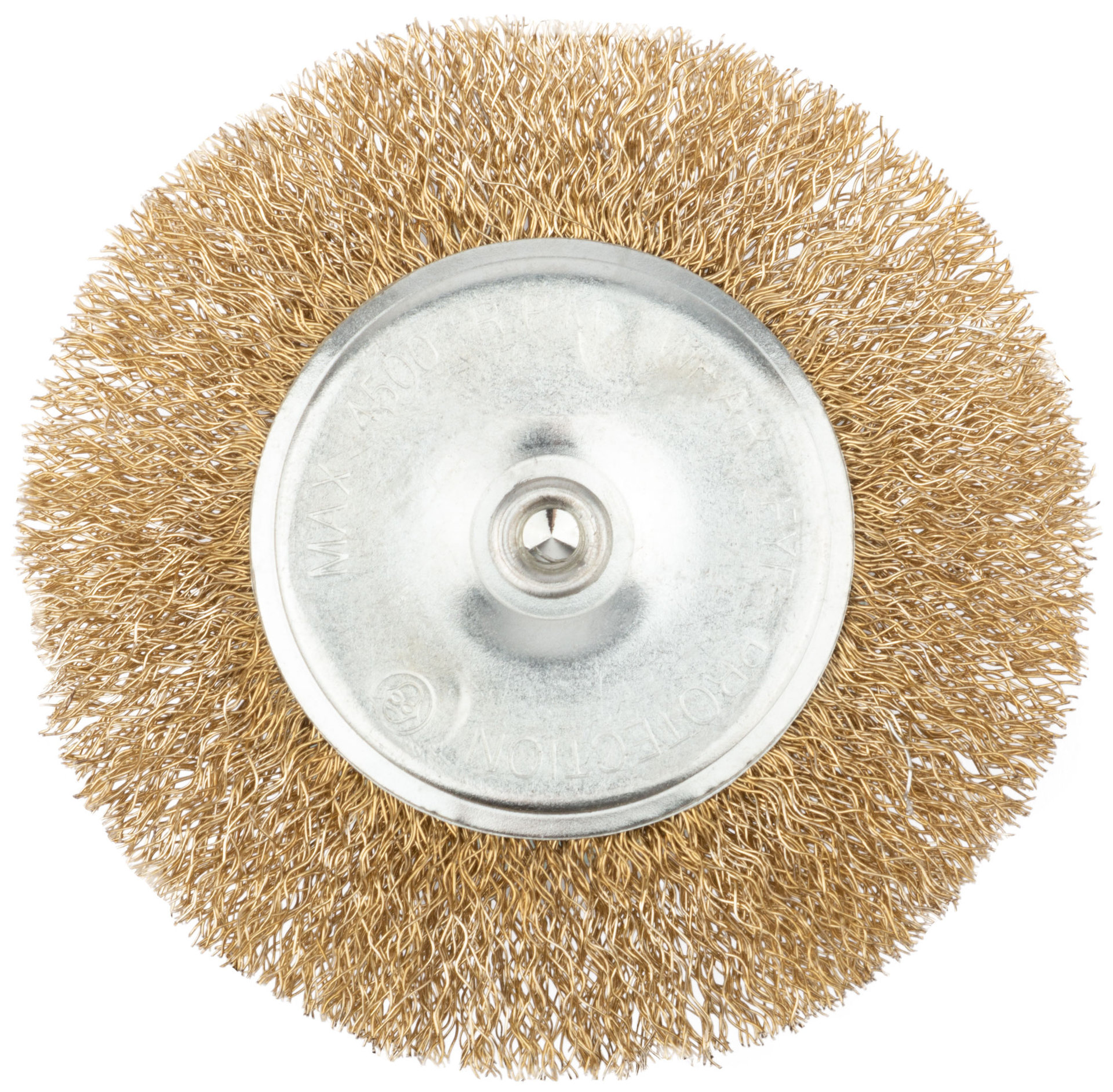 Корщетка дисковая прямая, со шпилькой, стальная латунированная волнистая проволока 100 мм (38465)