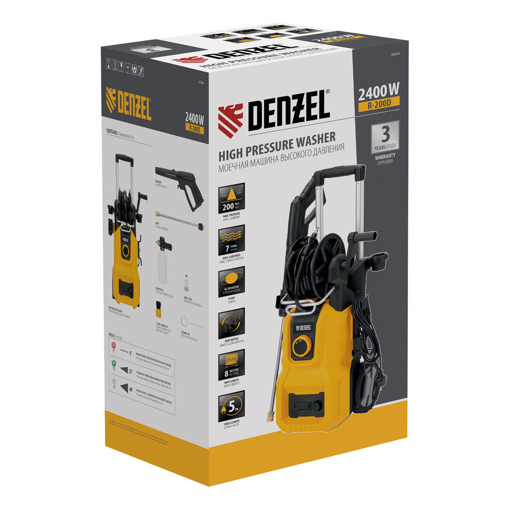 Моечная машина высокого давления R-200D, 2400 Вт, 200 бар, 420 л/ч, с барабаном// Denzel (58264)