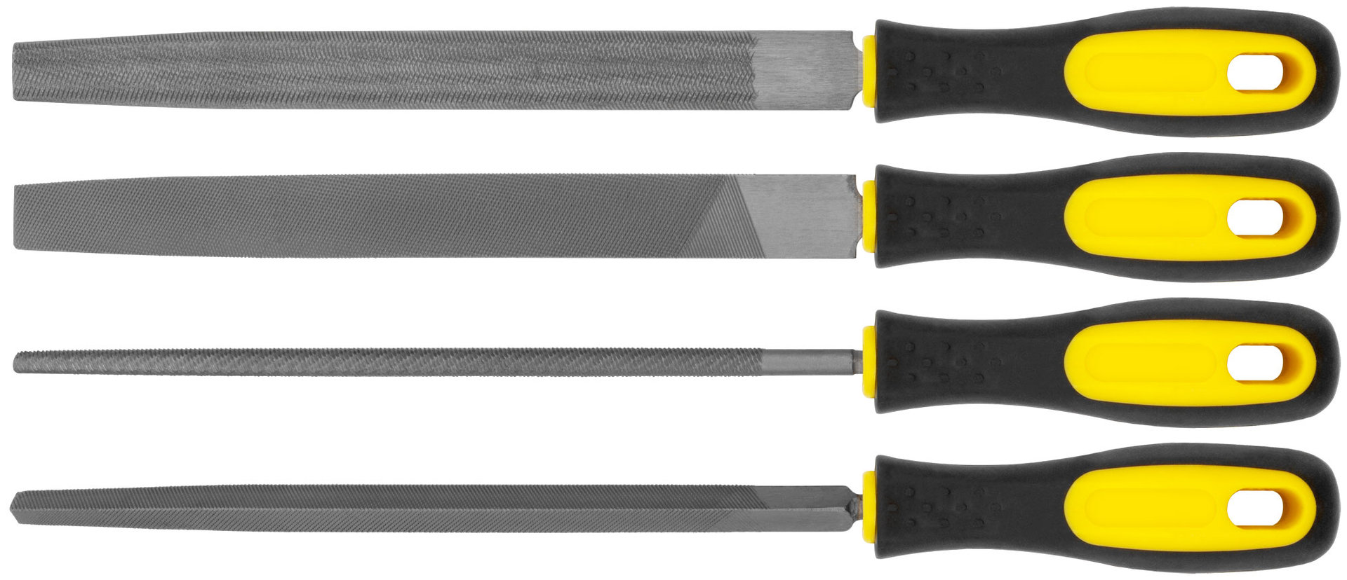 Напильники, прорезиненная ручка, набор 4 шт. (трехгранный, плоский, круглый, полукруглый ) 200 мм (42596)