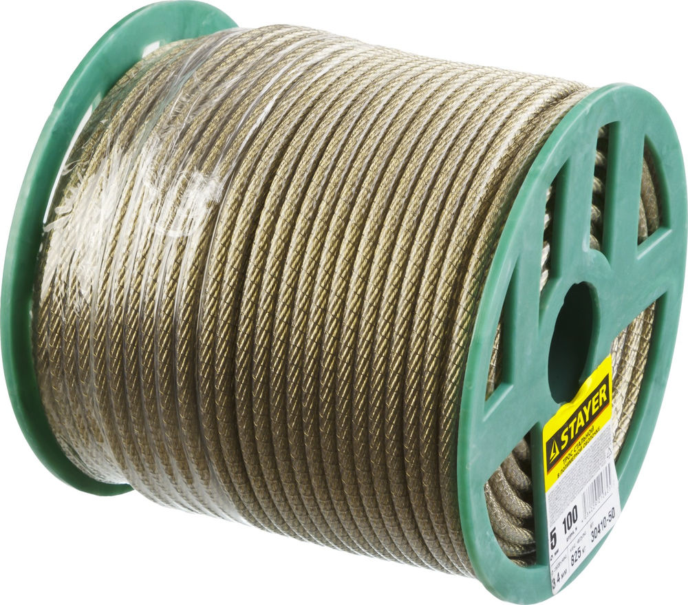 Трос стальной 5 мм, L 100 м, в полимерной оболочке STAYER 30410-50