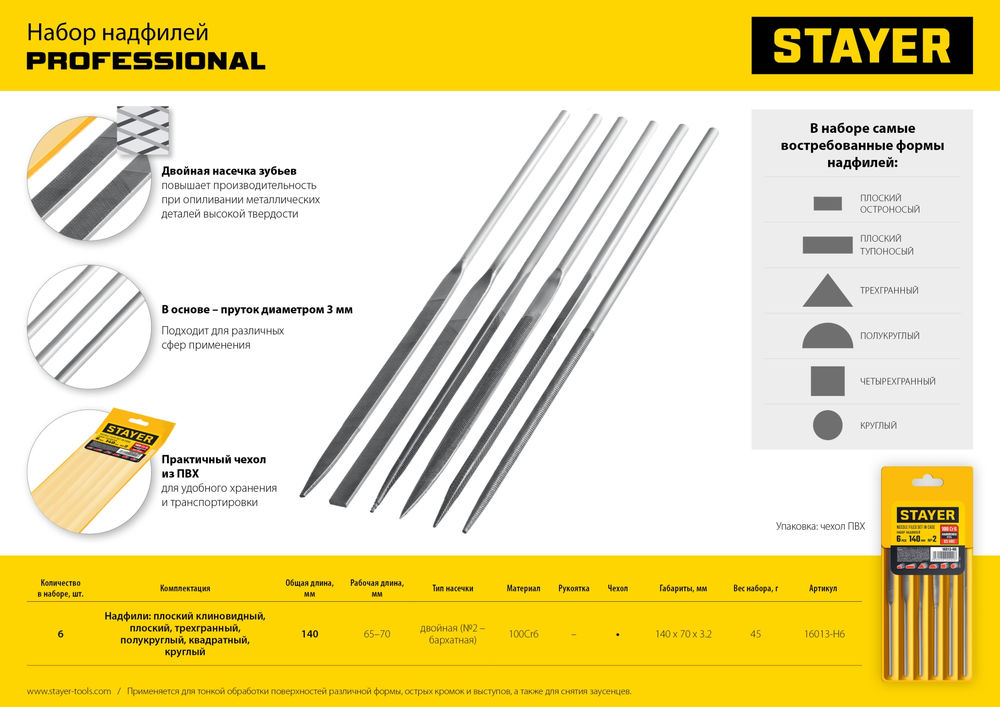 Набор надфилей 6 шт, 140 мм, в чехле STAYER 16013-H6