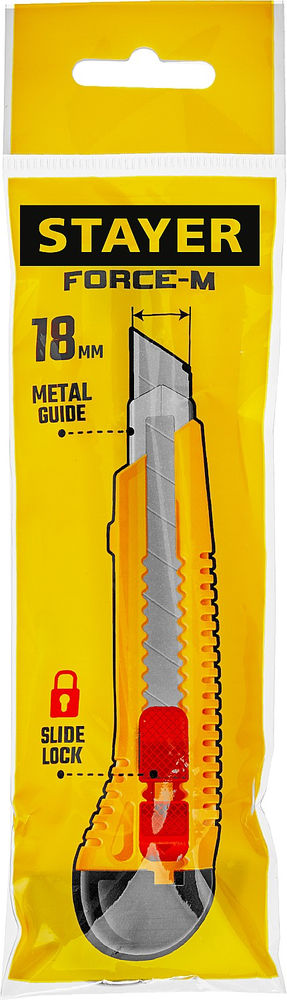 Нож упрочненный 18 мм с метал. направляющей и сдвижным фиксатором FORCE-M STAYER 0913