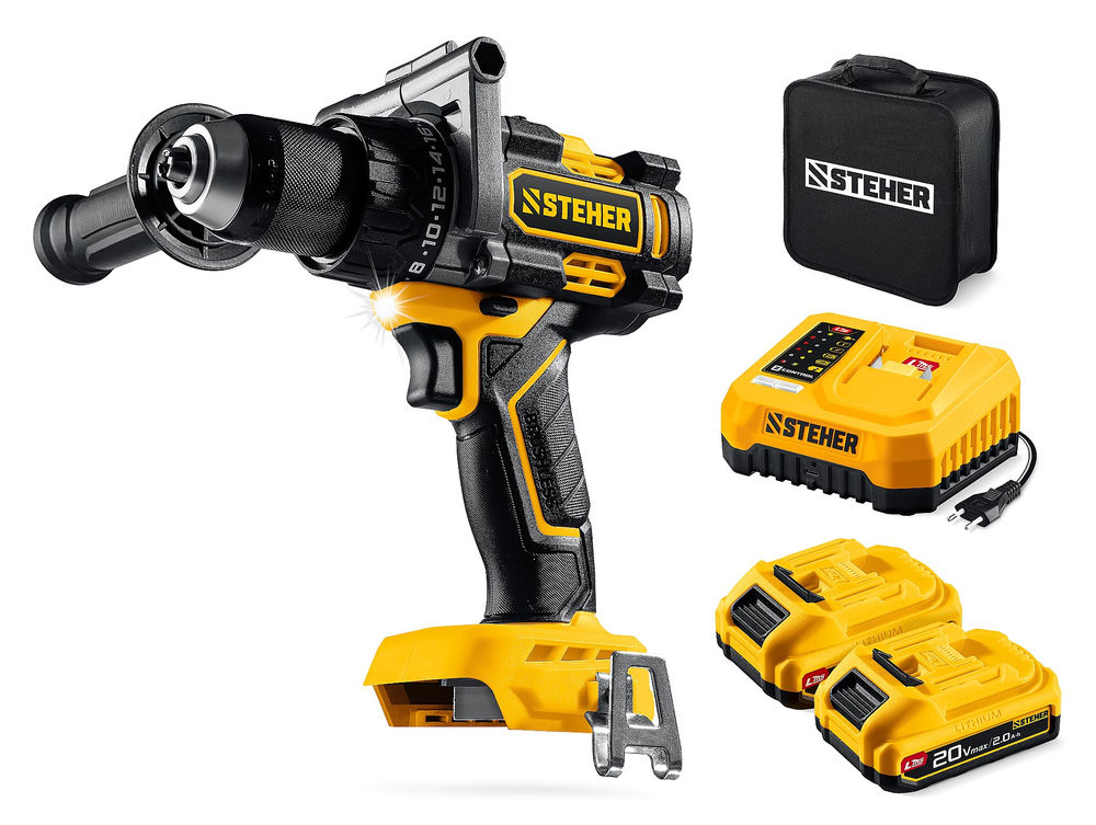 Дрель-шуруповерт бесщеточная 20 В, 165 Н·м, 2 АКБ LMS (2 А·ч), сумка STEHER CB-165-22