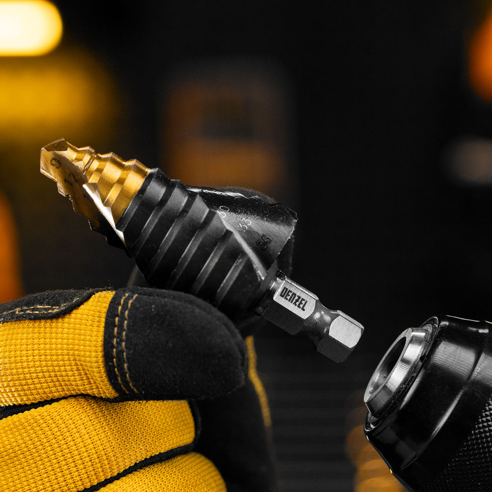 Сверло ступенчатое, 9-12-15-18-21-24-27-30-33-36 мм, Р6М5, 6-гр. хвостовик Denzel (723605)