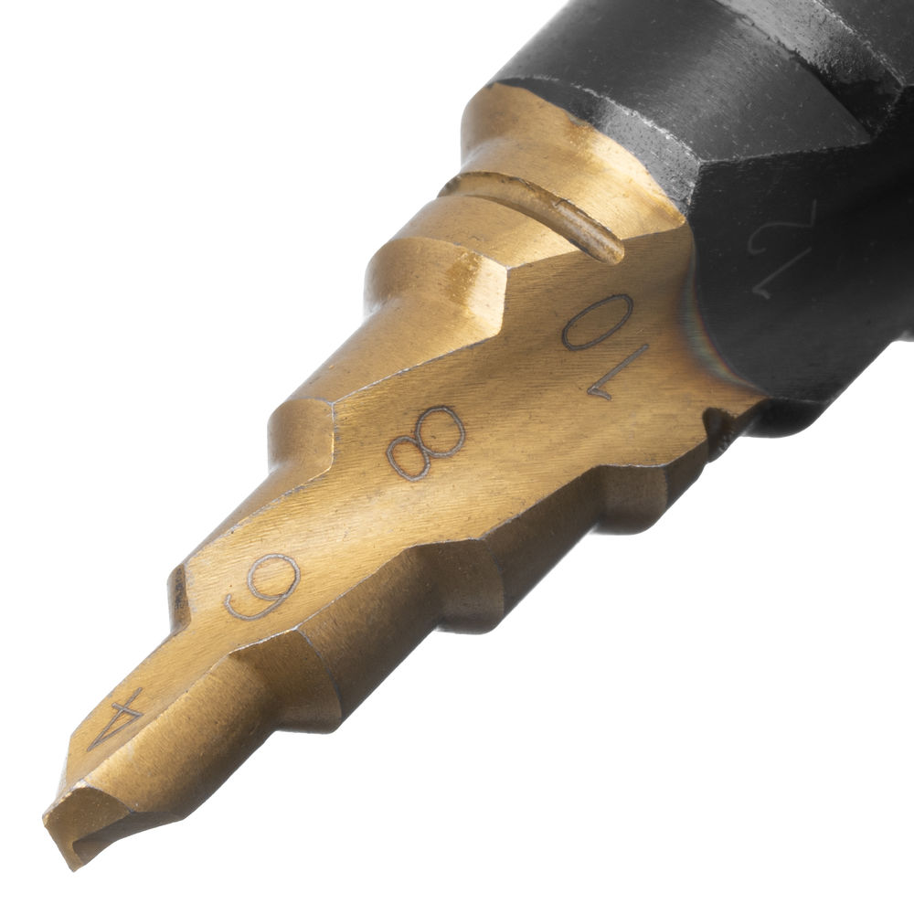 Сверло ступенчатое 4-6-8-10-12-14-16-18-20 мм, Р6М5, 6-гр. хвостовик Denzel (723603)