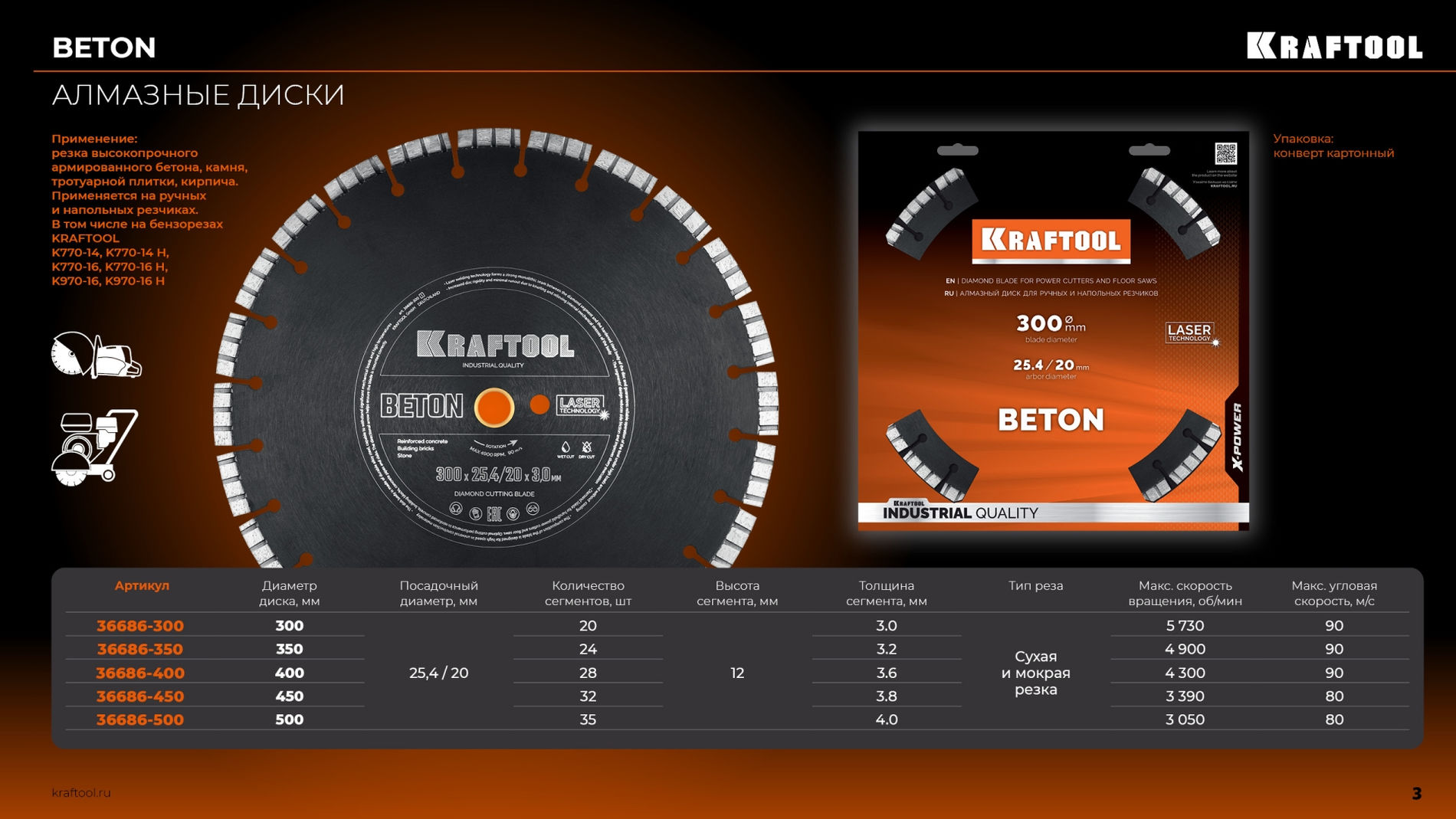 Алмазный диск BETON, 500 мм (25.4/20 мм, 12?4.0 мм) KRAFTOOL 36686-500_z01