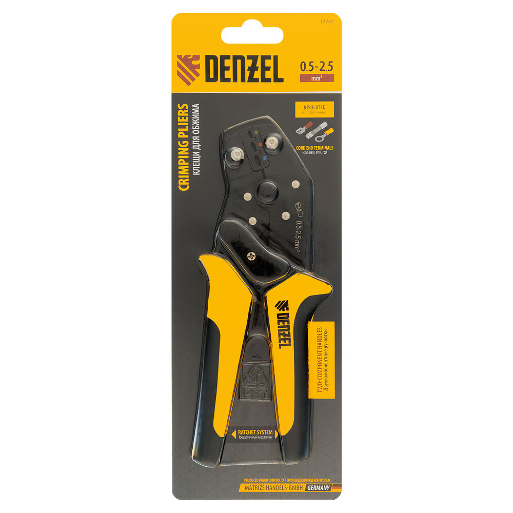 Клещи для обжима изолир. наконечников НКИ и НВИ, разъемов РПИ, гильз ГСИ, 0,5 - 2,5 мм2 Denzel (17747)