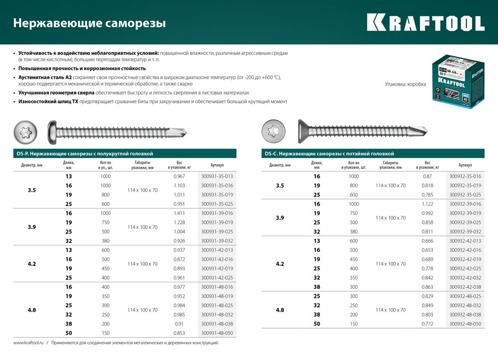 Саморез нержавеющий 16?4.2 мм DS-C А2 сверло потайная головка ТХ20 500 шт KRAFTOOL 300932-42-016