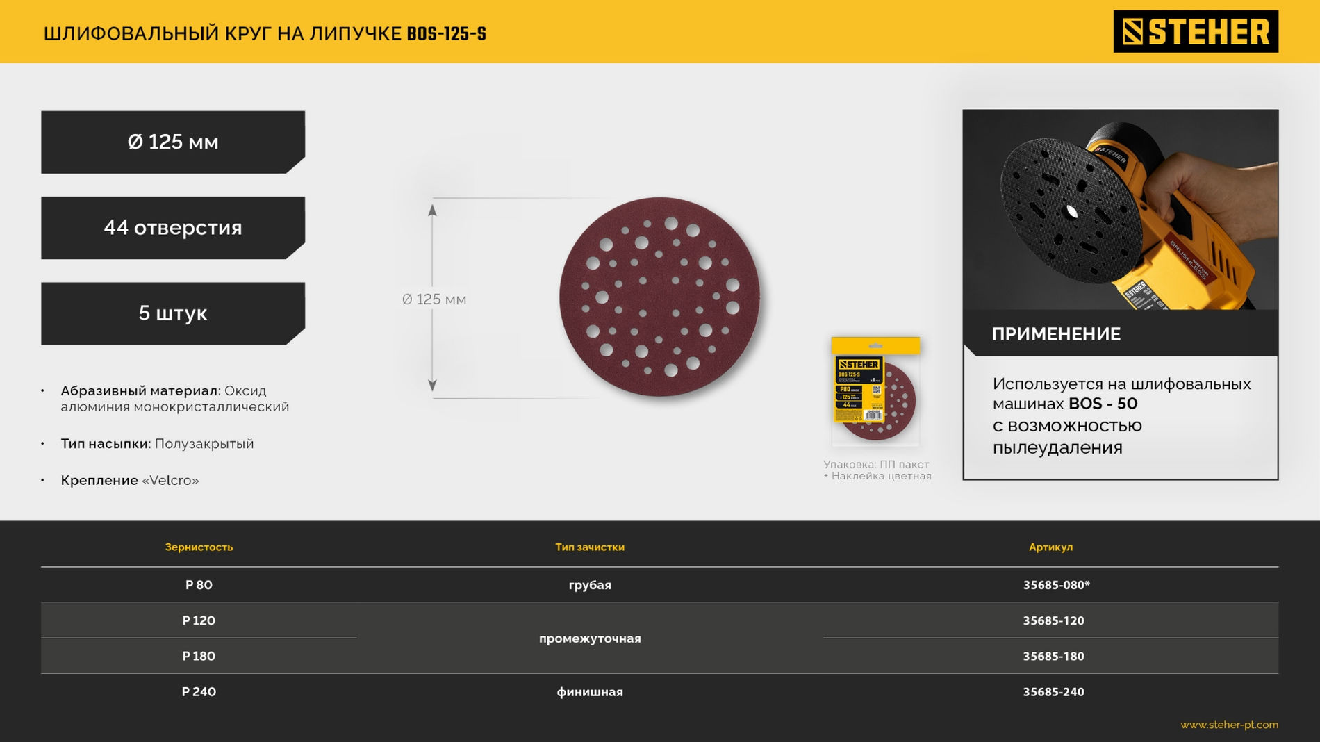Круг шлифовальный на липучке STEHER BOS-125-S 125 мм Р80 44 отв. 5 шт. 35685-080  
