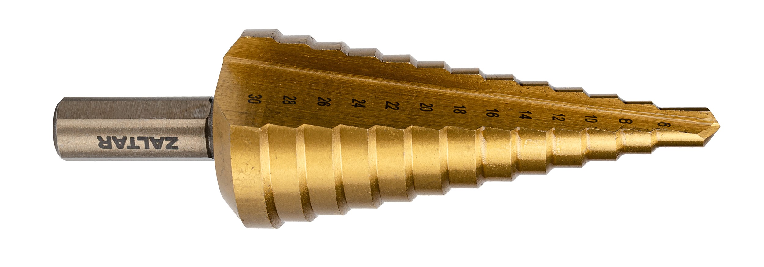 Набор свёрл ступенчатых, 3 пр., HSS TiN, Gr.1/2/3, O4-12, 4-20, 6-30 мм, прямая канавка, трёхплоскостной хвостовик (ZA-05351)