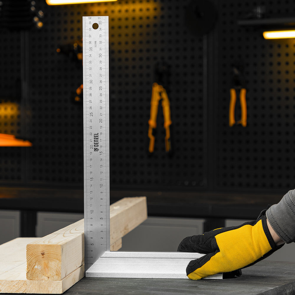 Угольник стальной 400 мм, нержавеющая сталь, градуировка, алюминиевое основание Denzel (32398)