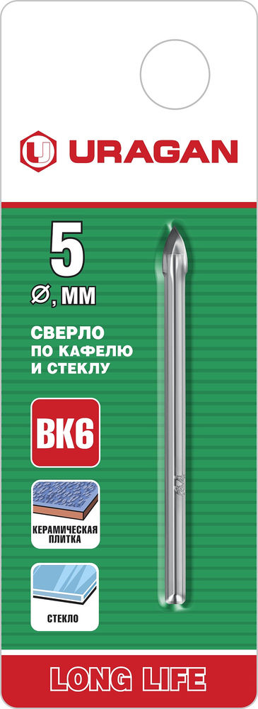 Сверло по стеклу и кафелю 2х кромка цилиндр хвостовик URAGAN 5 мм 29830-05  