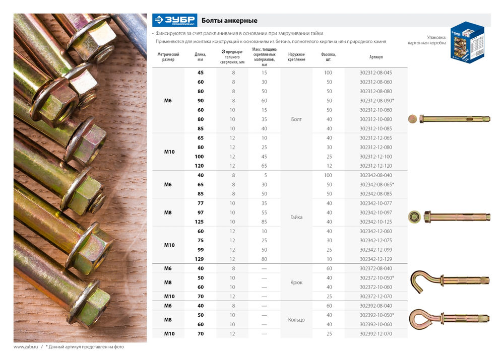 Болт анкерный 8 х 80 мм, 50 шт ЗУБР Профессионал 302312-08-080