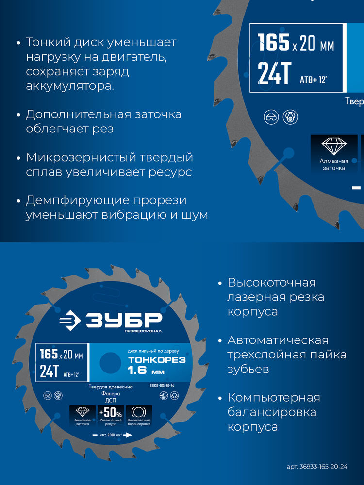 Диск пильный по дереву тонкий рез 165 x 20 x 1.6 мм, 24Т ЗУБР Тонкорез Профессионал 36933-165-20-24