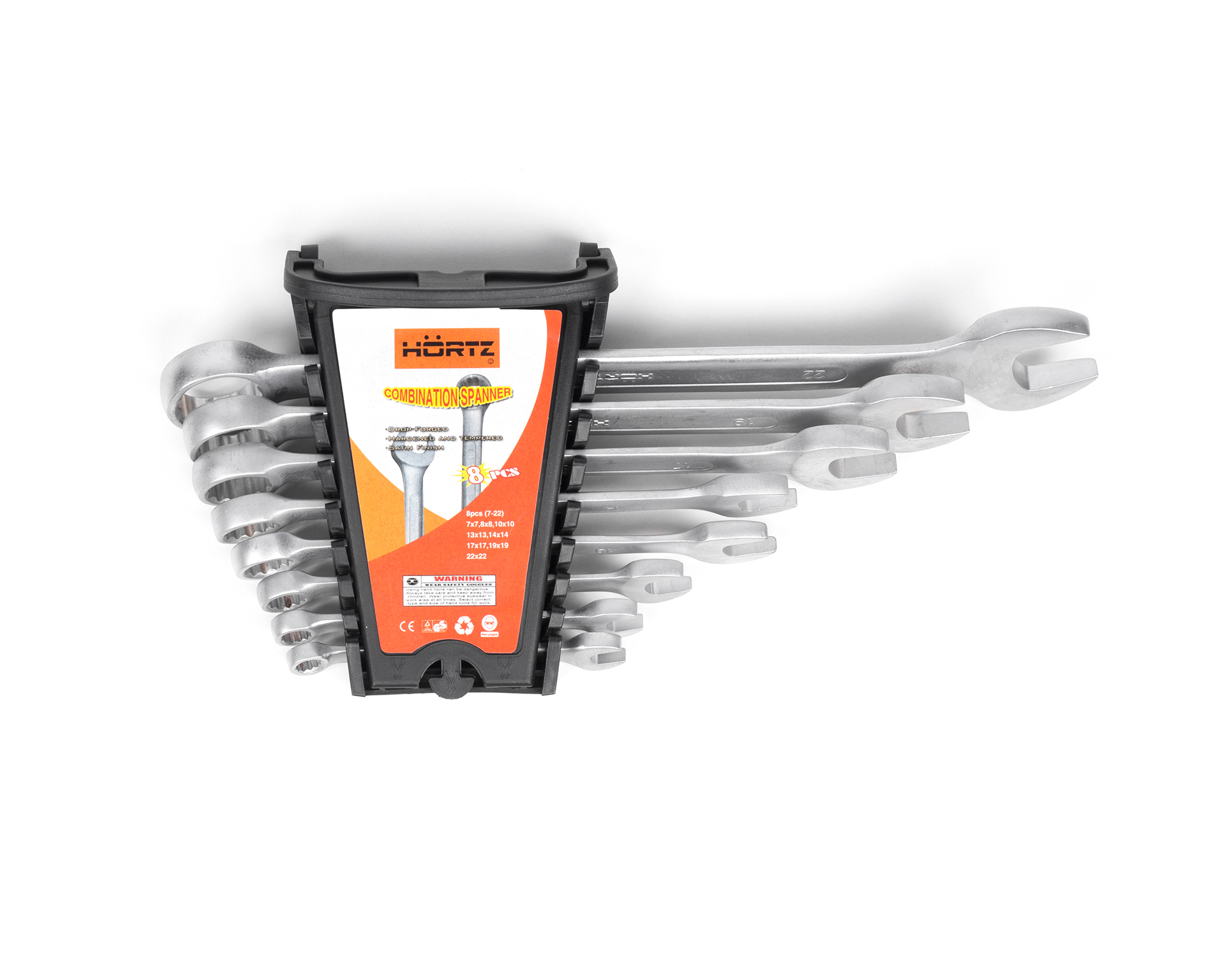 Набор ключей гаечных комбинированных 8 шт. (7-22) сатин финиш в клипсе HORTZ